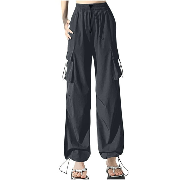 MELDVDIB Womens Cargo Travel Pants Baggy Drawstring Waist Wide Leg Pants Fashion Casual Solid Color Light Weight Lounge Trousers with Pocket Gray M