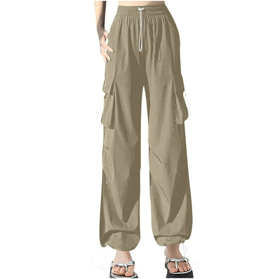 MELDVDIB Womens Cargo Travel Pants Baggy Drawstring Waist Wide Leg Pants Fashion Casual Solid Color Light Weight Lounge Trousers with Pocket Khaki M