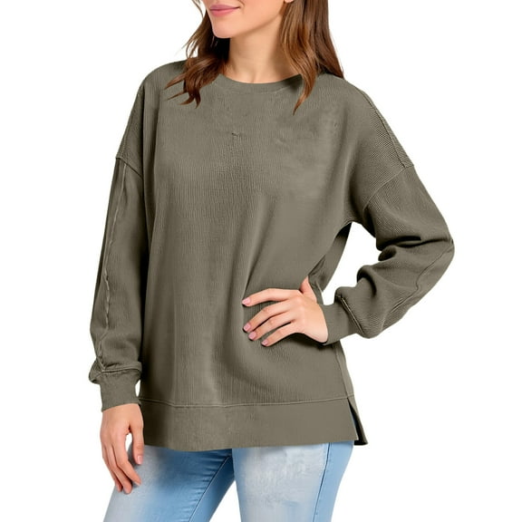 MELDVDIB Womens Corduroy Sweatshirt Fall Winter Long Sleeve Oversized Crewneck Sweatshirt Fashion Casual Solid Color Pullover Tops