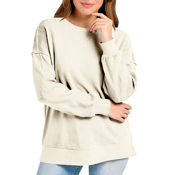 MELDVDIB Womens Corduroy Sweatshirt Fall Winter Long Sleeve Oversized Crewneck Sweatshirt Fashion Casual Solid Color Pullover Tops