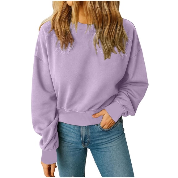 MELDVDIB Womens Cropped Sweatshirt Fashion Casual Loose Long Sleeve Crewneck Pullover Tops Stretch Comfy Solid Color Outfits Purple S