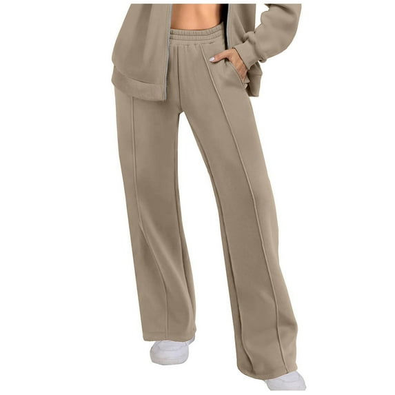 MELDVDIB Womens Fleece Sweatpants Baggy Wide Leg Elastic High Waist Work Pant Fashion Casual Comfy Solid Color Lounge Trousers with Pockets Khaki S