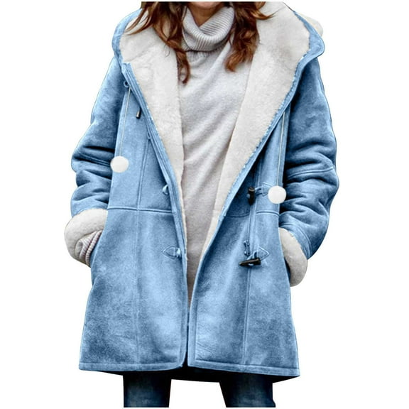 MELDVDIB Womens Fleece Trench Coat Lined Long Sleeve Button-Up Hooded Jackets Warm Long Outerwear for Fall Winter with Pockets