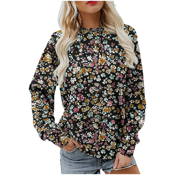 MELDVDIB Womens Floral Printed Sweatshirt Fall Winter Long Sleeve Oversized Hoodless Sweatshirt Casual Crewneck Pullover Tops Black M