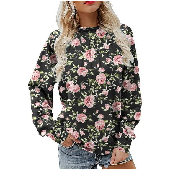 MELDVDIB Womens Floral Printed Sweatshirt Fall Winter Long Sleeve Oversized Hoodless Sweatshirt Casual Crewneck Pullover Tops Pink M