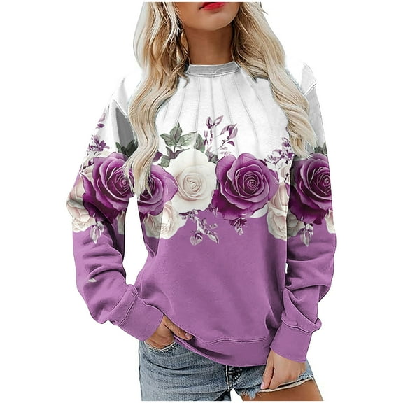 MELDVDIB Womens Floral Printed Sweatshirt Fall Winter Long Sleeve Oversized Hoodless Sweatshirt Casual Crewneck Pullover Tops Purple L