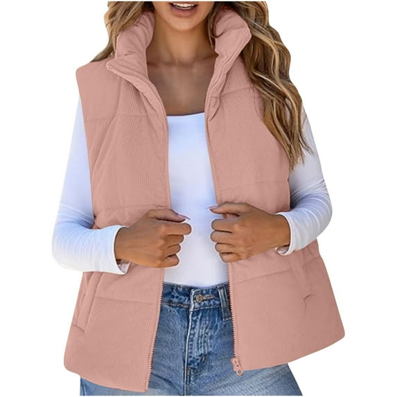 MELDVDIB Womens Full-Zip Corduroy Puffer Vest Coat Fall Winter Solid Color Stand Collar Jacket Warm Padded Lounge Outwear Tops with Pocket