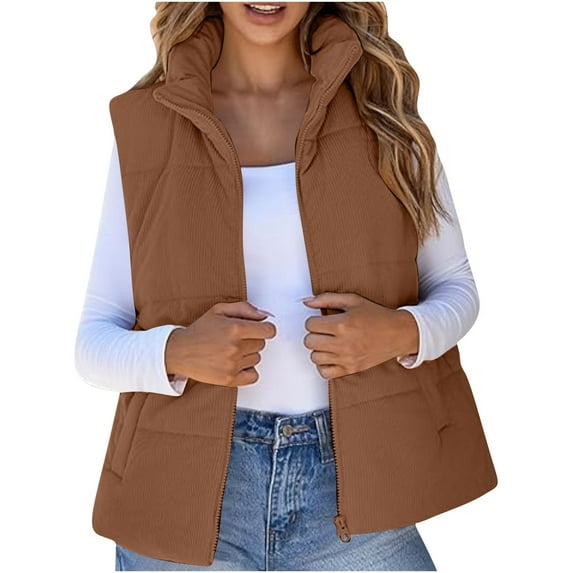 MELDVDIB Womens Full-Zip Corduroy Puffer Vest Coat Fall Winter Solid Color Stand Collar Jacket Warm Padded Lounge Outwear Tops with Pocket
