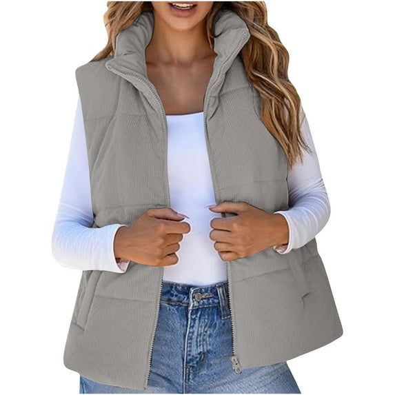MELDVDIB Womens Full-Zip Corduroy Puffer Vest Coat Fall Winter Solid Color Stand Collar Jacket Warm Padded Lounge Outwear Tops with Pocket
