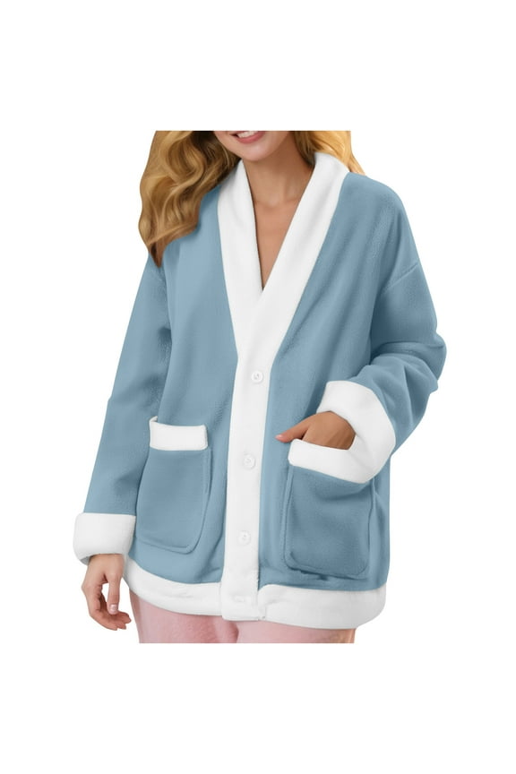 Womens Fuzzy Fleece Jacket Button-Up Solid Color Fall Winter Sleepwear Comfy Light Weight Warm Lounge Tops with Pocket