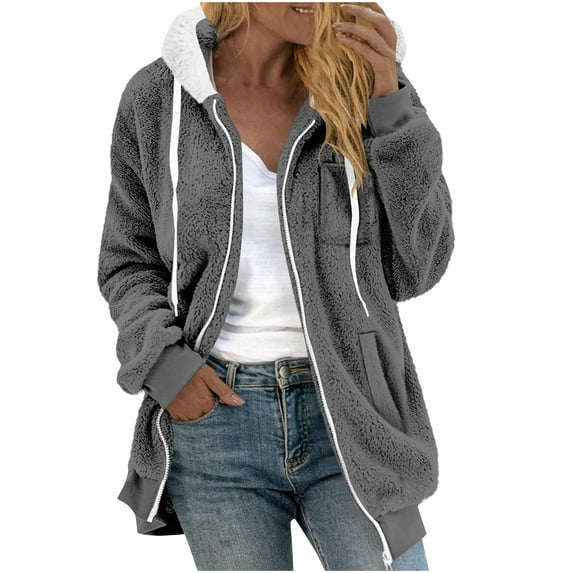 MELDVDIB Womens Fuzzy Fleece Jacket Zip-Up Fall Winter Solid Fashion Causal Hooded Coat Lounge Warm Comfy Outwear Tops with Pocket