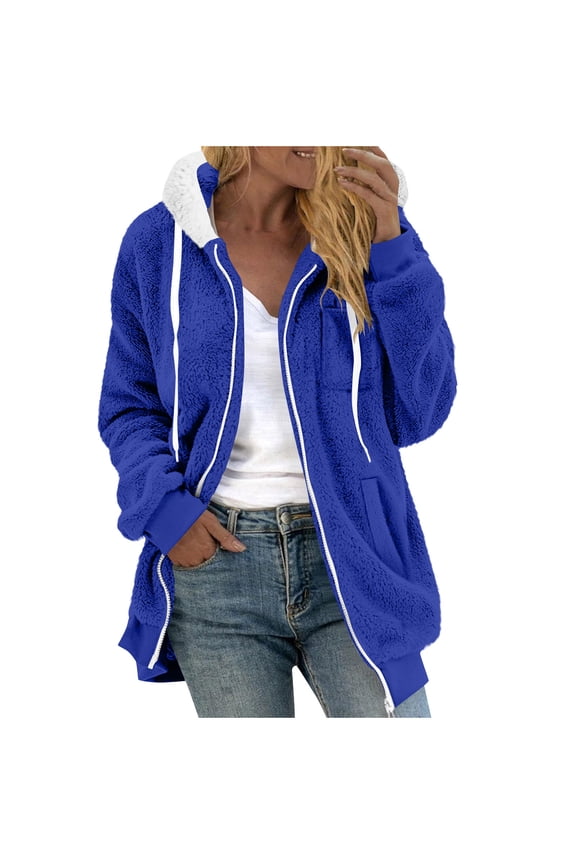 Womens Fuzzy Fleece Jacket Zip-Up Fall Winter Solid Fashion Causal Hooded Coat Lounge Warm Comfy Outwear Tops with Pocket
