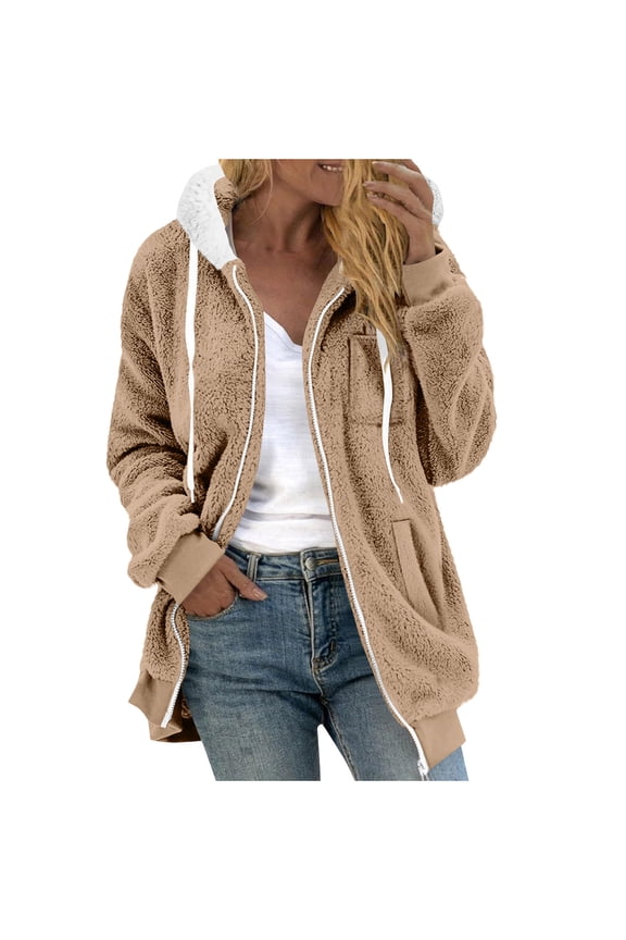 Womens Fuzzy Fleece Jacket Zip-Up Fall Winter Solid Fashion Causal Hooded Coat Lounge Warm Comfy Outwear Tops with Pocket