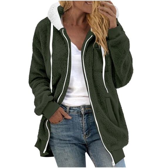 MELDVDIB Womens Fuzzy Fleece Jacket Zip-Up Fall Winter Solid Fashion Causal Hooded Coat Lounge Warm Comfy Outwear Tops with Pocket