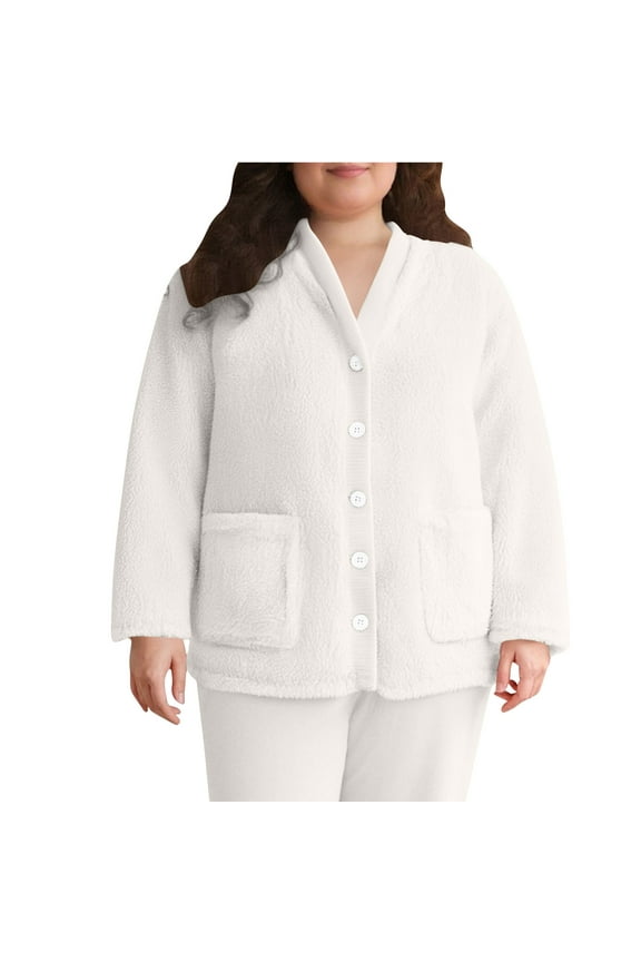 Womens Fuzzy Jacket Button-Up Solid Color Fall Winter Sleepwear Lined Fleece Comfy Light Weight Warm Lounge Tops with Pocket