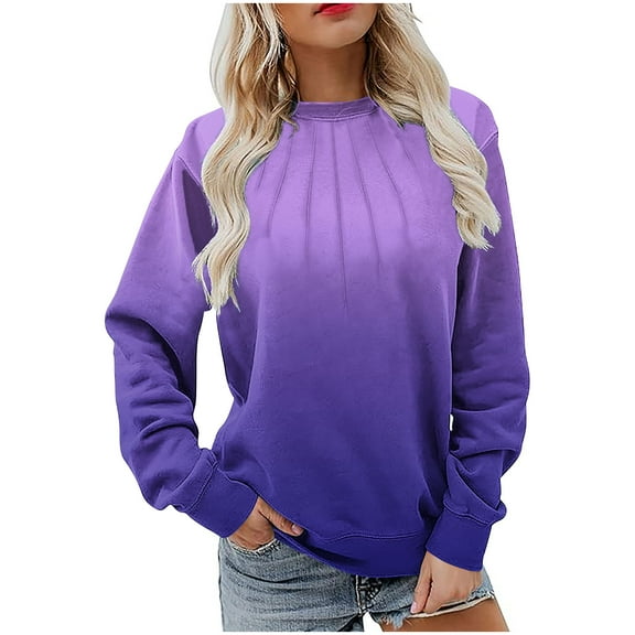 MELDVDIB Womens Gradient Printed Sweatshirt Fall Winter Long Sleeve Oversized Hoodless Sweatshirt Casual Crewneck Pullover Tops Purple M