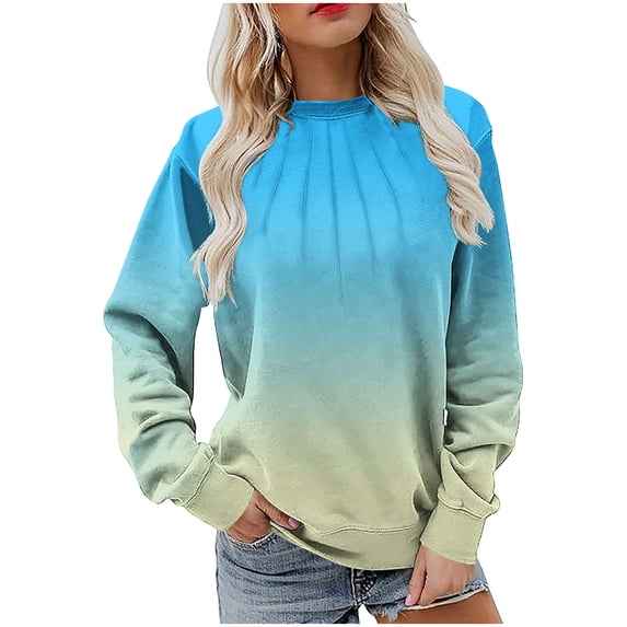 MELDVDIB Womens Gradient Printed Sweatshirt Fall Winter Long Sleeve Oversized Hoodless Sweatshirt Casual Crewneck Pullover Tops Sky Blue 2XL
