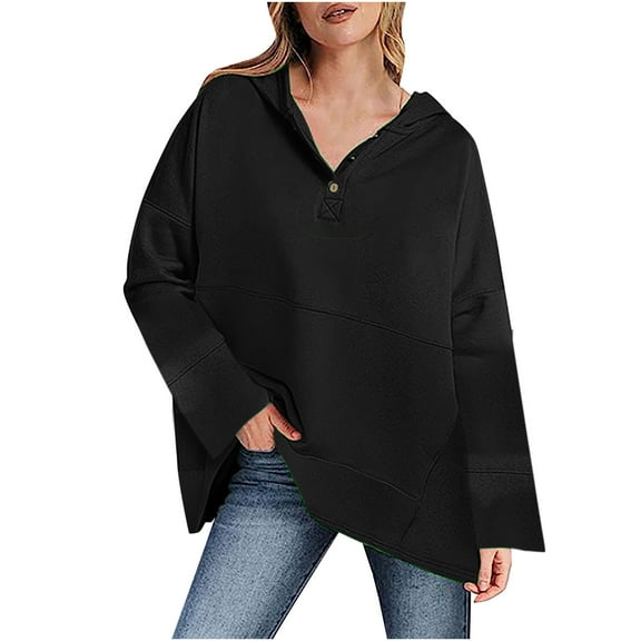 MELDVDIB Womens Half-Button Hoodies Fall Winter Solid Color Long Sleeve Oversized Hooded Sweatshirts Fashion Casual V Neck Pullover Tops Black S