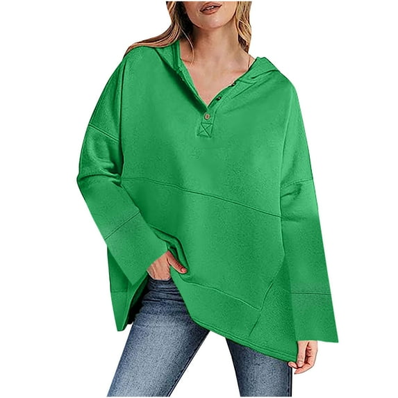 MELDVDIB Womens Half-Button Hoodies Fall Winter Solid Color Long Sleeve Oversized Hooded Sweatshirts Fashion Casual V Neck Pullover Tops Green 2XL