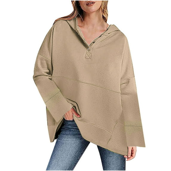MELDVDIB Womens Half-Button Hoodies Fall Winter Solid Color Long Sleeve Oversized Hooded Sweatshirts Fashion Casual V Neck Pullover Tops Khaki M