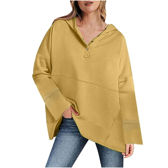MELDVDIB Womens Half-Button Hoodies Fall Winter Solid Color Long Sleeve Oversized Hooded Sweatshirts Fashion Casual V Neck Pullover Tops Yellow 2XL