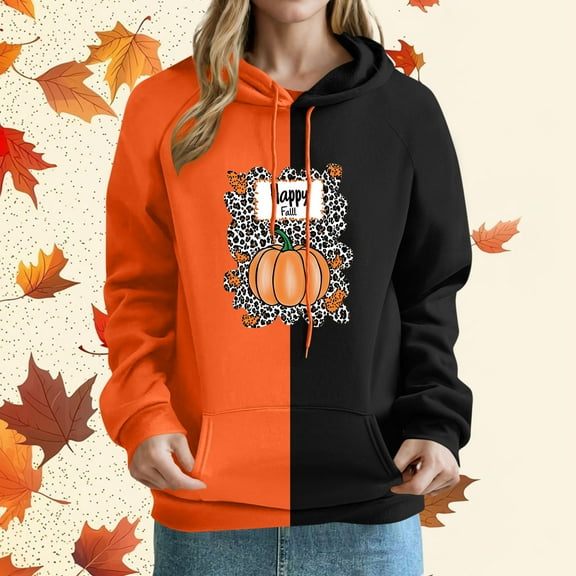 MELDVDIB Womens Halloween Hoodies Orange and Black Color Block Pumpkin Print Pullover Hooded Sweatshirt with Front Pocket for Fall Winter Casual Wear Orange S