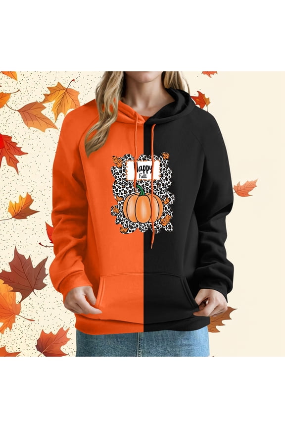 Womens Halloween Hoodies Orange and Black Color Block Pumpkin Print Pullover Hooded Sweatshirt with Front Pocket for Fall Winter Casual Wear Orange S