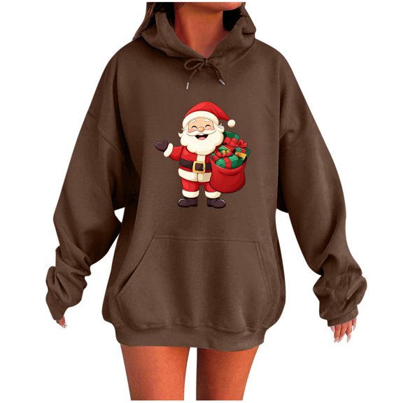 MELDVDIB Womens Hoodies Christmas Gift Santa Print Hooded Sweatshirt Fall Winter Long Sleeve Oversized Hooded Pullover Tops with Pocket