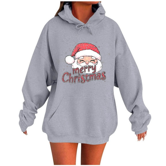 MELDVDIB Womens Hoodies Christmas Gift Santa Print Hooded Sweatshirt Fall Winter Long Sleeve Oversized Hooded Pullover Tops with Pocket