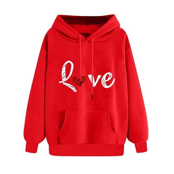 MELDVDIB Womens Hoodies Fashion Casual Heart Printed Oversized Hooded Sweatshirts Fall Winter Long Sleeve Pullover Tops with Pocket Red M