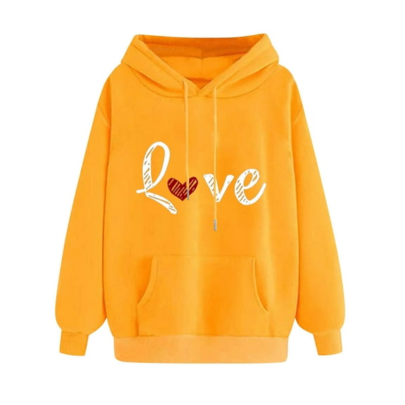 MELDVDIB Womens Hoodies Fashion Casual Heart Printed Oversized Hooded Sweatshirts Fall Winter Long Sleeve Pullover Tops with Pocket Yellow L