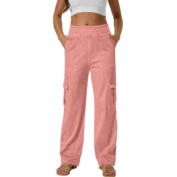 MELDVDIB Womens Jeans Cargo Pants Elastic Waisted Wide Wide Leg Pants Solid Color Light Weight Lounge Trousers with Pockets Pink M