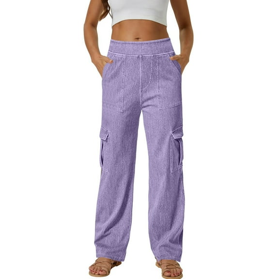 MELDVDIB Womens Jeans Cargo Pants Elastic Waisted Wide Wide Leg Pants Solid Color Light Weight Lounge Trousers with Pockets Purple S