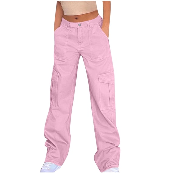 MELDVDIB Womens Jeans Cargo Pants Wide Leg Baggy Button Waist Hiking Pant Fashion Casual Solid Color Lounge Trousers with Pockets Pink XL