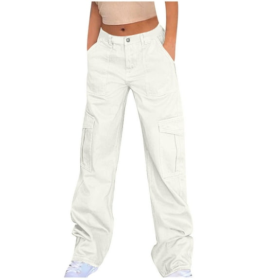 MELDVDIB Womens Jeans Cargo Pants Wide Leg Baggy Button Waist Hiking Pant Fashion Casual Solid Color Lounge Trousers with Pockets White M