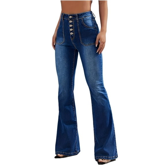 MELDVDIB Womens Jeans Pant Flared Button Waisted Full Length Wide Leg Pants Fall Winter Fashion Casual Pants with Pockets Blue M
