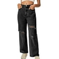 thumbnail image 1 of MELDVDIB Womens Jeans Pants Relaxed Button Waist Full-Length Wide Leg Pant Fashion Casual Ripped Pants with Pockets Black S, 1 of 6
