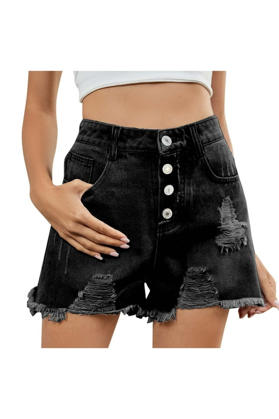 Womens Jeans Shorts Ripped Button Waist Fashion Casual Daily Wear Comfy Soft Breathable Summer Wear with Pocket