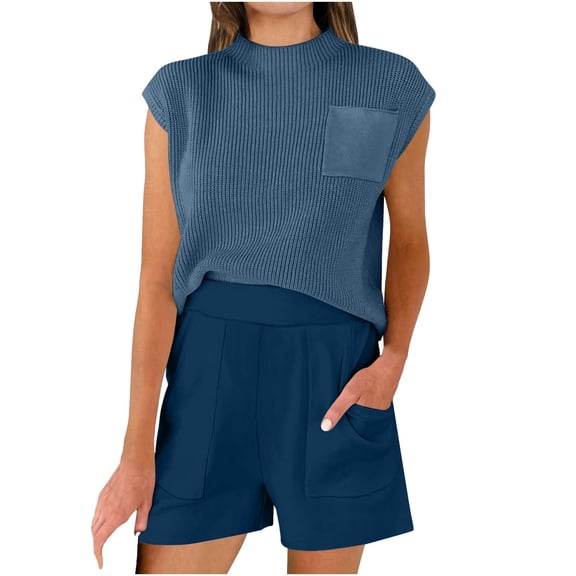 MELDVDIB Womens Knitted Outfits Mock Neck Cap Sleeve Ribbed Pullover Tops High Waist Shorts Comfy Trendy Dailywear Set