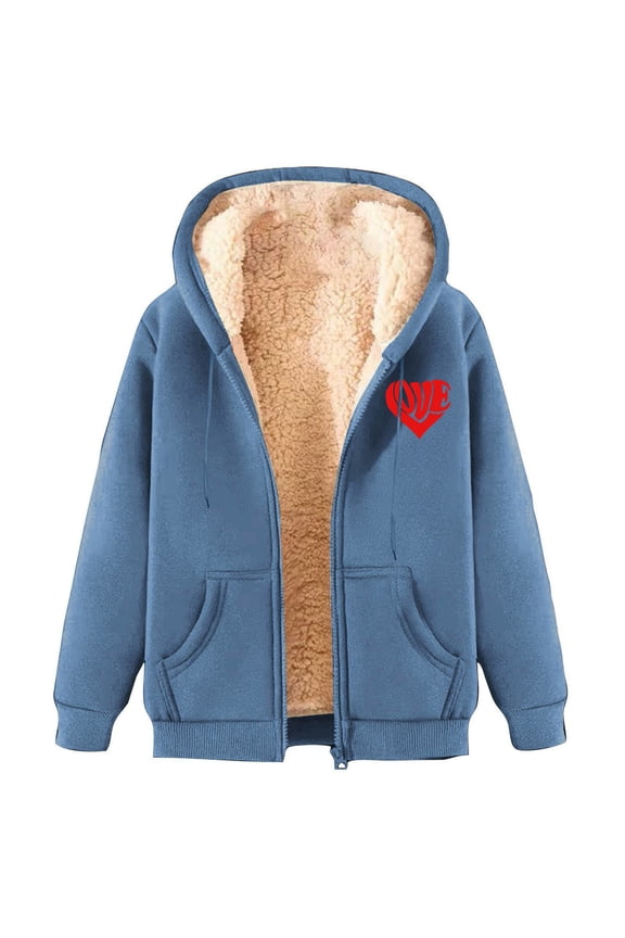 Womens Lined Zip-Up Hoodies Heart Print Oversized Fleece Hooded Jackets with Pockets Warm Comfy Outerwear for Fall Winter