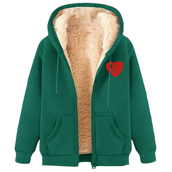 MELDVDIB Womens Lined Zip-Up Hoodies Heart Print Oversized Fleece Hooded Jackets with Pockets Warm Comfy Outerwear for Fall Winter