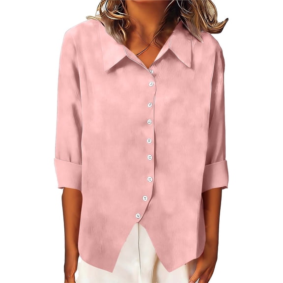 MELDVDIB Womens Linen Blouse Button-Up Lapel Dressy Casual 3/4 Sleeve Summer Tops Solid Color Loose Light Weight Breathable Shirts