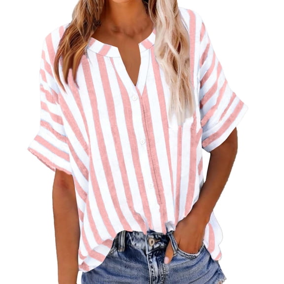 MELDVDIB Womens Linen Blouse Striped Printed Button-Up Short Sleeve Summer Tops Dressy Casual V-Neck Light Weight Breathable Loose Shirts