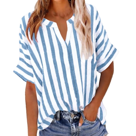 MELDVDIB Womens Linen Blouse Striped Printed Button-Up Short Sleeve Summer Tops Dressy Casual V-Neck Light Weight Breathable Loose Shirts