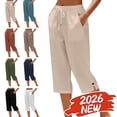 thumbnail image 1 of MELDVDIB Womens Linen Capri Pants Quick Dry Loose Wide Leg Pants Drawstring Waisted Beach Vacation Summer Pants with Pockets, 1 of 5