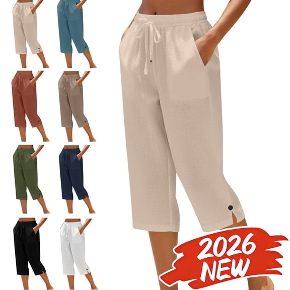 MELDVDIB Womens Linen Capri Pants Solid Color Loose Wide Leg Pants Drawstring Waisted Light Weight Breathable Summer Pants with Pockets