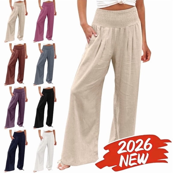 MELDVDIB Womens Linen Pants Summer High Waist Wide Leg Beach Pants Casual Palazzo Pants Lounge Trousers