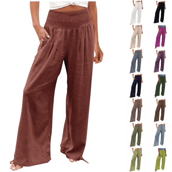 MELDVDIB Womens Linen Pants High Waist Wide Leg Beach Pants Casual Palazzo Pants Lounge Trousers