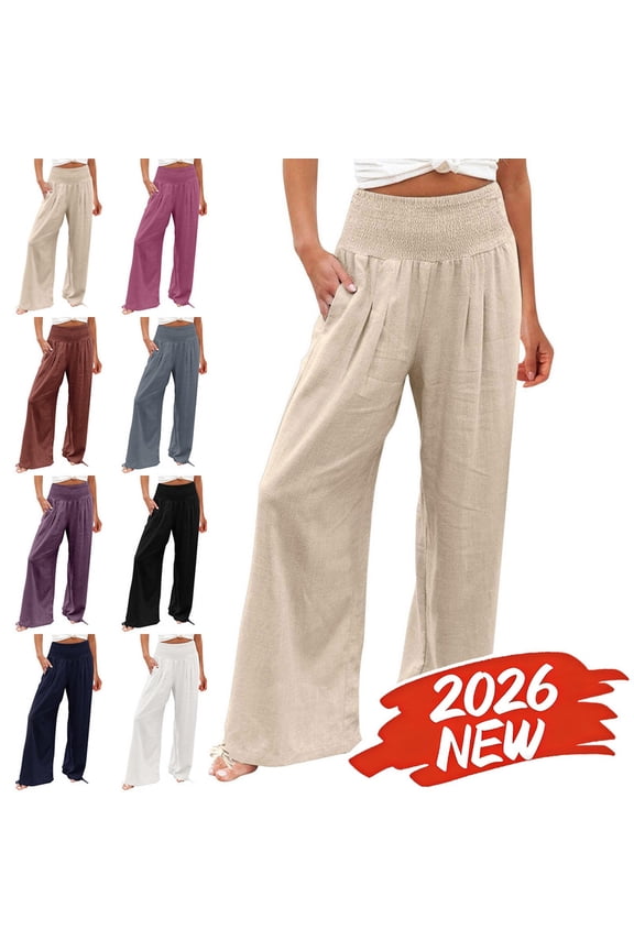 Womens Linen Pants Drawstring Elastic High Waist Wide Leg Pants Casual Loose Work Pants Lounge Trousers