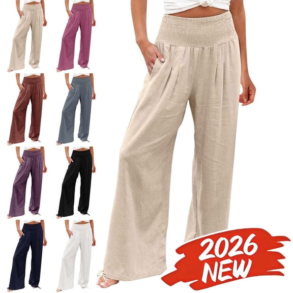 MELDVDIB Womens Linen Pants Drawstring Elastic High Waist Wide Leg Pants Casual Loose Work Pants Lounge Trousers
